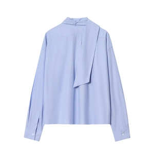 Light blue long-sleeved shirt with an elegant back ribbon tie on a plain white background