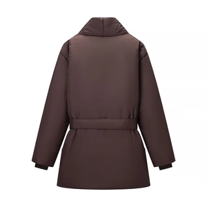 Women's oversized dark brown puffer coat with stylish waist belt and standing collar back view