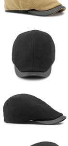 Detail of wool blend flat cap with leather brim in khaki and black colors