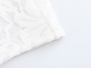 Détail en gros plan d'une broderie en dentelle blanche sur un tissu en maille transparente