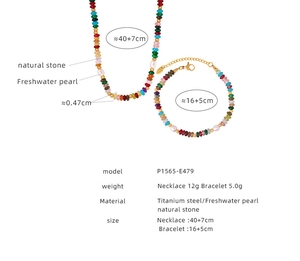 Size chart showing titanium steel necklace and natural stone bracelet dimensions and weights
