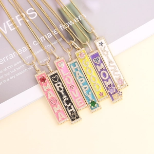 18K gold plated necklaces with colorful enamel rectangular pendants and engraved words