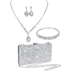 Sparkling bridal jewelry set and silver rhinestone clutch bag for evening party