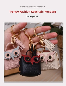 Detailed view of leather owl coin purse keychains with tassels and metallic rings