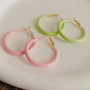 Modern gold-plated hoop earrings with pink and green enamel coating on ceramic tray