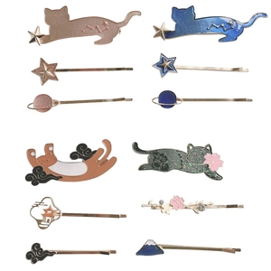 Japanese style cute cat and starry sky enamel hairpins with glitter on metal gold plating