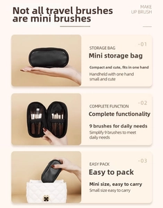 Macro detail of 9-piece mini travel makeup brush set with black zip storage pouch