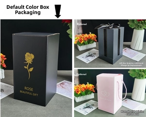 Various gift packaging options including black gold-stamped box and pink carry box