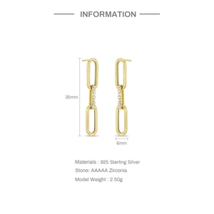 Detail view showing 35mm gold S925 sterling silver chain earrings with AAAAA zircon stones