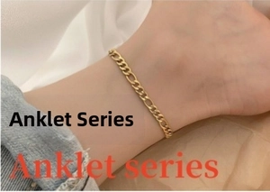 Close-up of 4mm golden stainless steel Figaro chain anklet worn on the ankle