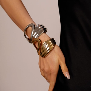 Chunky Alloy Cuff Bracelet Geometric Hollow Asymmetric Wave Texture Minimalist Statement Bangle Jewelry For Women