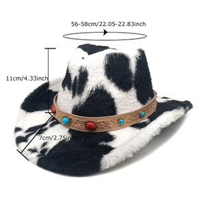 Chapeau de cowboy en fausse fourrure motif vache avec bande en cuir sertie de perles