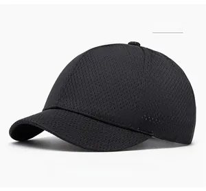 Close-up of black breathable mesh baseball cap with six-panel structure and curved brim