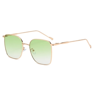 Modern oversized square sunglasses with gold metal frame and green gradient lenses
