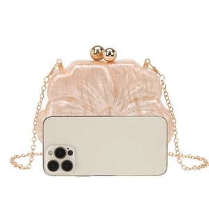 Pink marble acrylic evening clutch with gold ball clasp and chain shown with smartphone