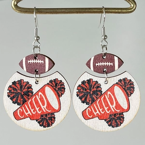 Detail of wooden cheerleading earrings with football stud and red cheer megaphone graphic