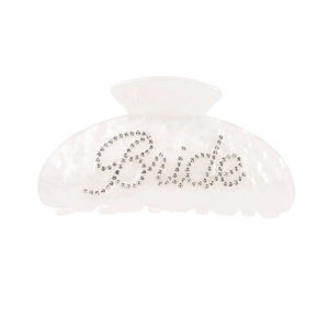 Elegant white acrylic shark hair claw clip with Bride rhinestone lettering for wedding hair