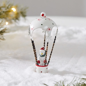 Christmas snowman hot air balloon ornament with red and green accents for holiday decor