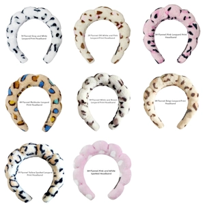 Detailed grid view of eight colorful leopard and polka dot flannel sponge headbands