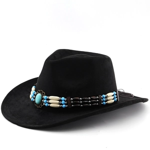 Ethnic black suede western cowboy hat with turquoise and beaded band ornament