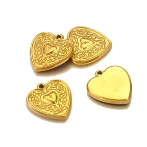 Golden heart-shaped stainless steel pendants with embossed floral and cross patterns