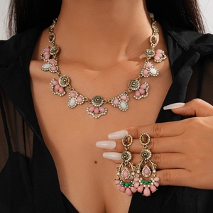 Retro Court Style Flower Alloy Necklace And Earrings Pink Resin Rhinestone Silver Earring Post Jewelry For Women