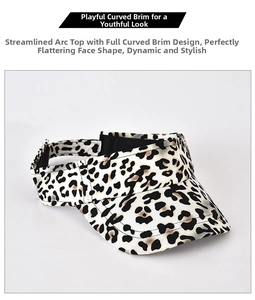Detail of leopard print sun visor with streamlined curved top and pre-curved brim