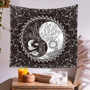 Bohemian black and white Yin Yang Tree of Life tapestry for cozy bedroom wall decoration