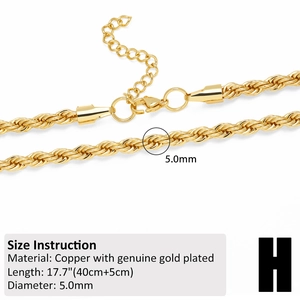 Close-up of 5mm gold-plated twist rope chain with lobster clasp and extension