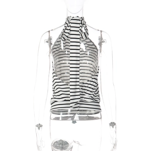 Detail view of back tie and black and white striped halter neck knitted vest top