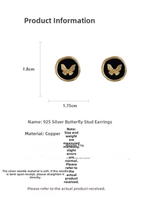 Detail view of gold butterfly round earrings with 925 silver pins showing 1.8cm height