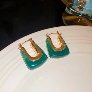 Vintage U-shape hoop earrings with gold plating and green resin details for women