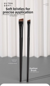 Detailed view of two professional angled makeup brushes with fine brown synthetic bristles