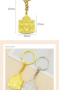 Detail of Macau Ruins of St. Paul's 3D metal keychain with dimensions and size markers