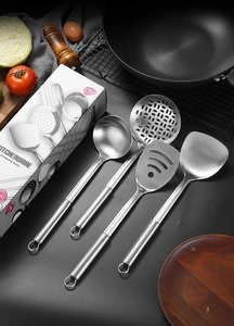 Detailed set of 430 stainless steel kitchen utensils including spatulas and ladles