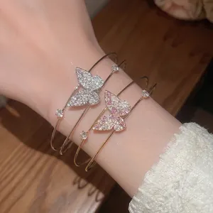 Double-layered butterfly open bangle with pink and white cubic zirconia for women