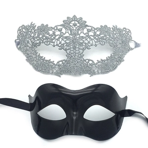 Detail of silver lace and black plastic masquerade masks with intricate cutout patterns
