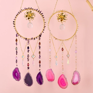 Golden suncatcher wind chimes with natural amethyst and rose quartz crystal stones