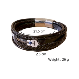 Bracelet multicouche homme en cuir marron avec pendentif guitare et fermoir aimanté
