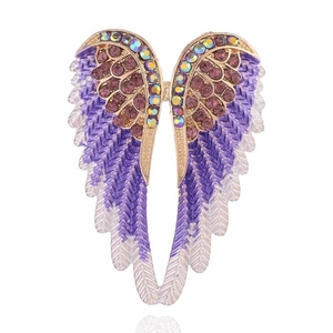 Elegant gold angel wing brooch with purple gradient feathers and colorful rhinestones