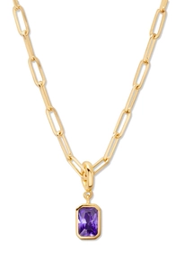 Detail of 18K gold-plated teardrop pendant with a translucent purple square gemstone