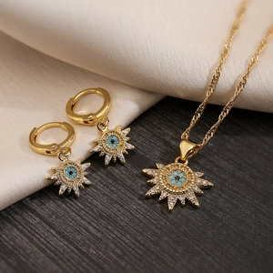 Evil Eye Sun Jewelry Necklace Earrings Copper Gold Plated Zircon Pendant Geometric Boho Accessories For Women