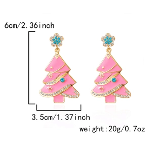 Pink Christmas tree earrings with blue rhinestones showing dimensions 6x3.5cm and 20g weight