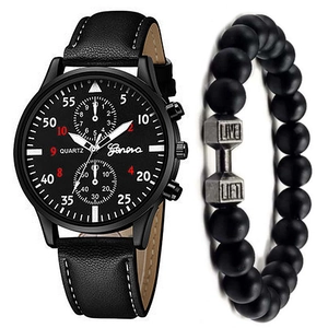 Modisches Herren-Quarzuhr-Set mit schwarzem Lederarmband und Hantel-Perlenarmband