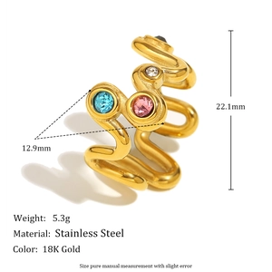 18K gold plated stainless steel wavy ring with colorful diamonds and dimensions