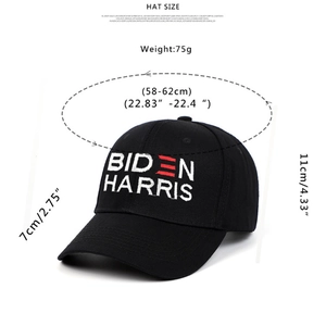 Biden Harris embroidered black cotton baseball cap with detailed size and weight specs