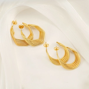 18k gold plated stainless steel geometric hexagonal and ribbed C-hoop earrings