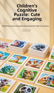 Close-up of thick wooden puzzle layers showing diverse 3D animal patterns for kids