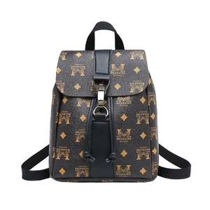Mini floral printed backpack for women with brown faux leather and adjustable straps