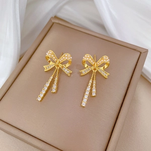 Elegant titanium steel bowknot tassel earrings with crystal zircon and faux pearls